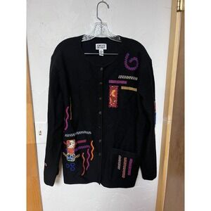 Chicos Design Black Embroidered Wool Patchwork Artsy Cardigan Sweater Size 3/XL